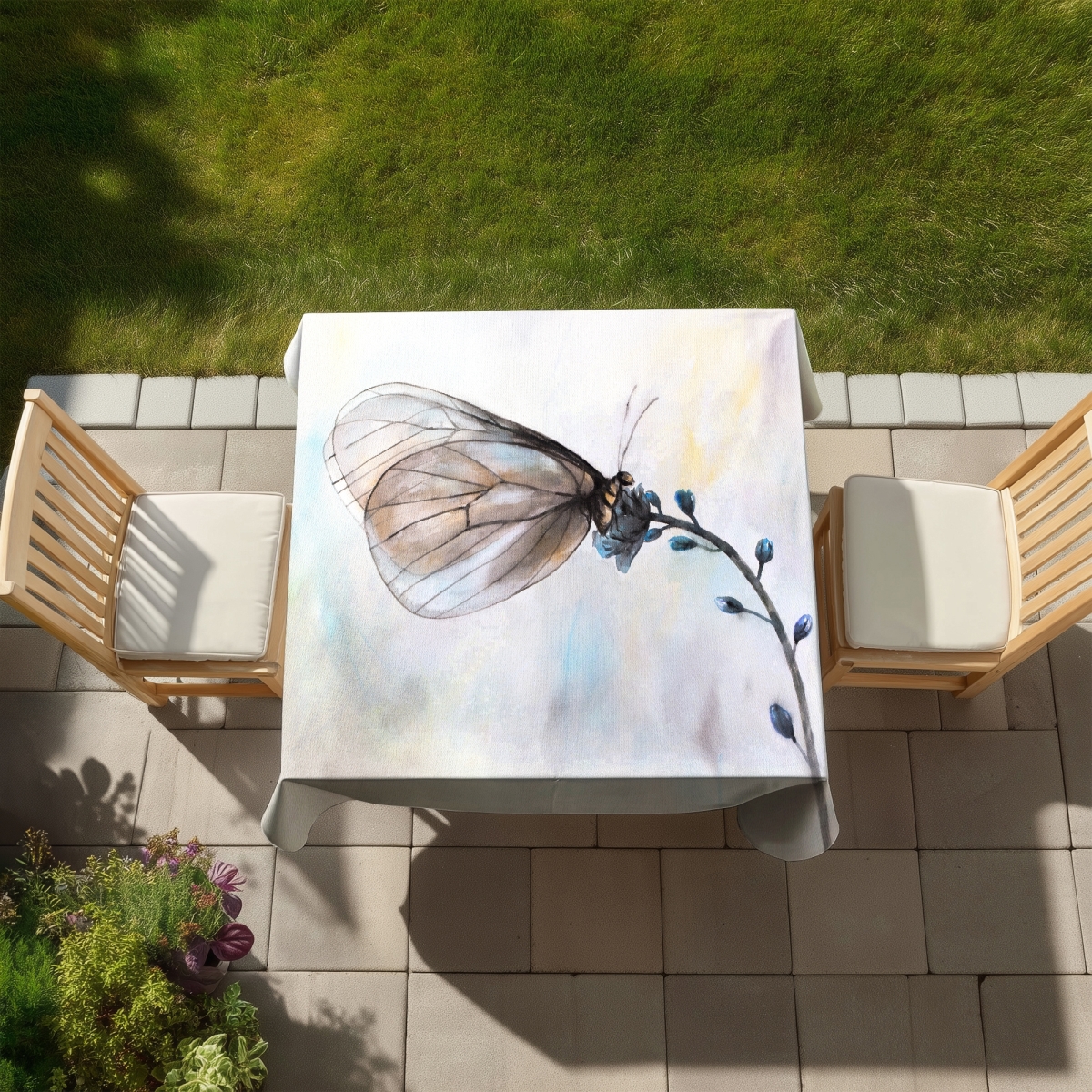 Picture of Begin Home Decor C1TC5858J2ZRJL 58 x 58 in. Butterfly on Blue Flowers Tablecloth - Indoor Outdoor Decor
