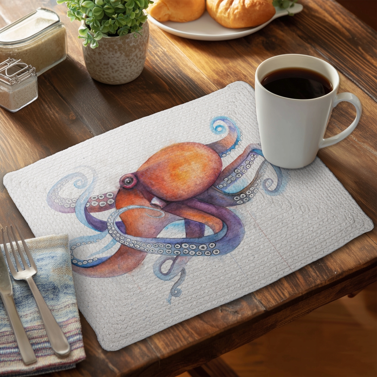 Picture of Begin Home Decor C6BP14182AXXG5 14 x 18 in. Colorful Octopus Profile Braided Polyester Placemat - Home Decor - Set of 6