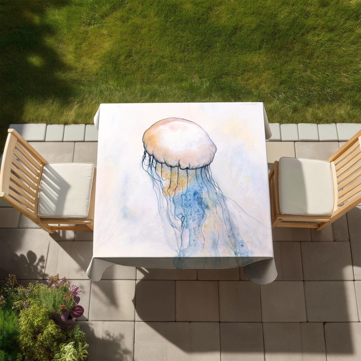 Picture of Begin Home Decor C1TC5858NIZ0WL 58 x 58 in. Watercolor Jellyfish Tablecloth - Sea Marine Home Decor