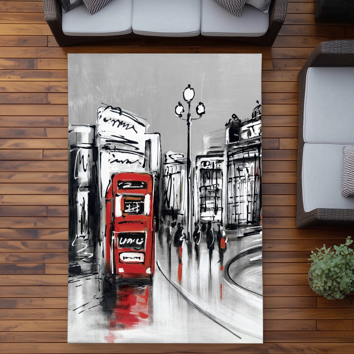 C1ROAR57FII2XZ 5 x 7 ft. Abstract Gray City Rug with Red Bus - Outdoor Home Decor - Rectangle