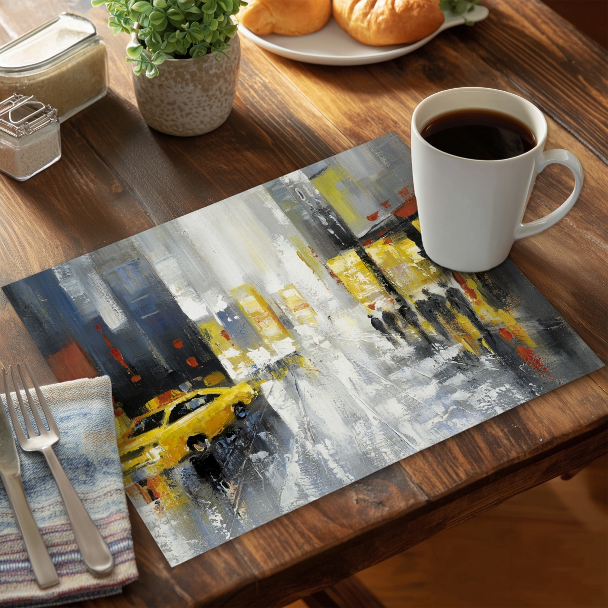 Picture of Begin Home Decor C6PP1418SMDKY7 14 x 18 in. Rainy Busy Street Polyester Placemat - Home Decor Accent - Set of 6
