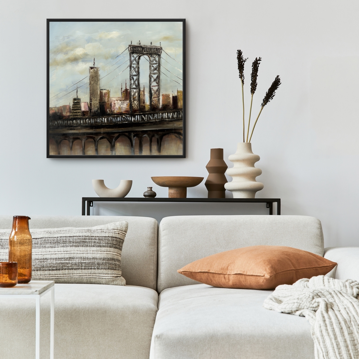 C1FC2424MHUK9F 24 x 24 in. City Bridge By a Cloudy Day - Brown Framed Canvas Decor