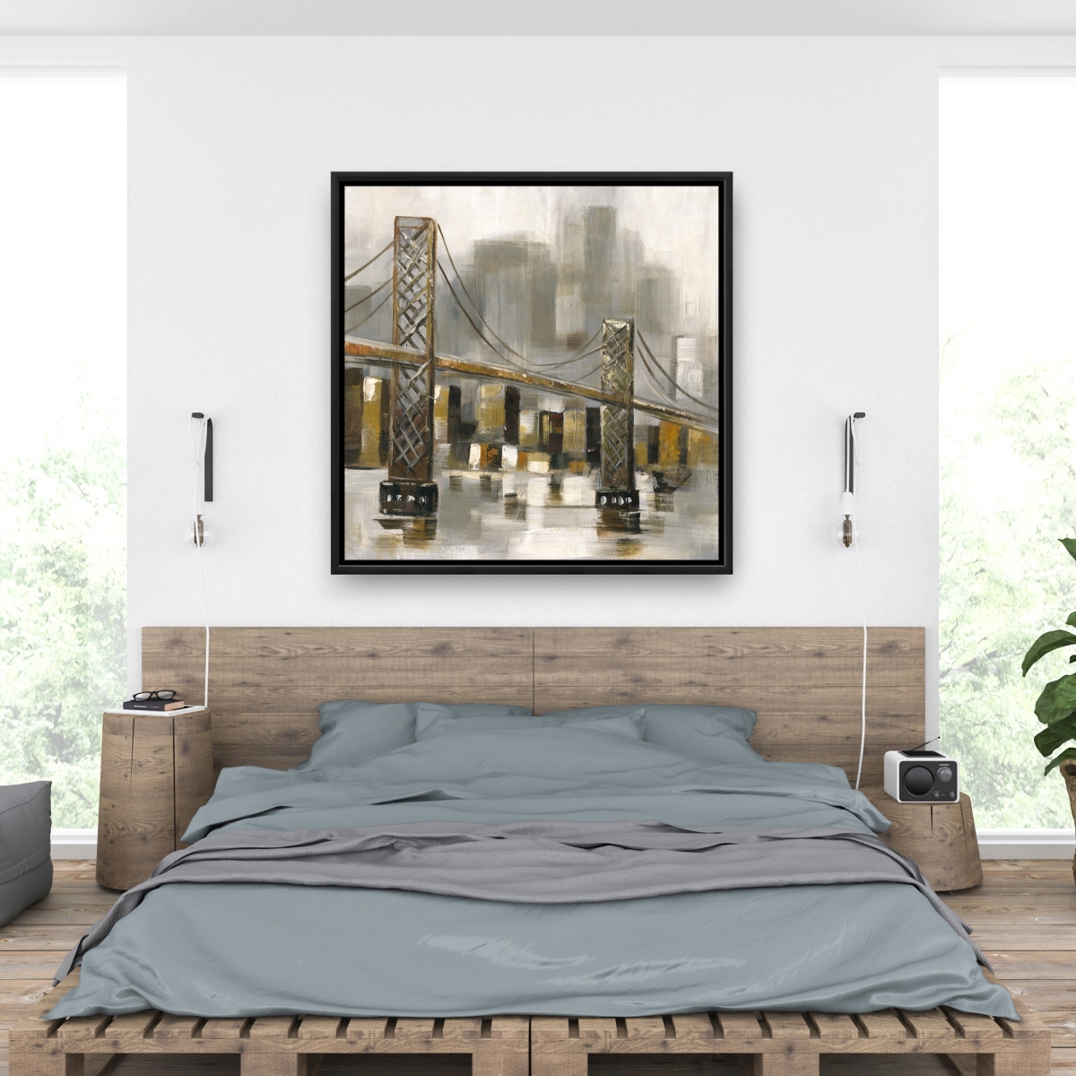 C1FC3636FB2ZO5 36 x 36 in. Bridge By a Cloudy Day - Framed Canvas - Livingroom Cities Decor