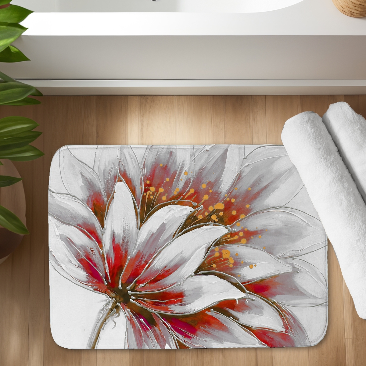 C1BM1724RCW12G 17 x 24 in. Red Flower with Gold Center - Contemporary Floral Bath Mat