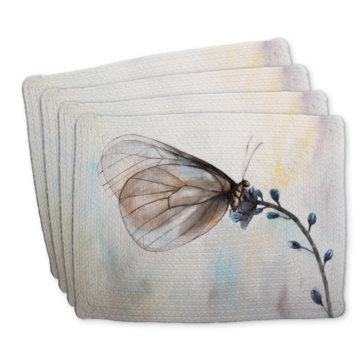 Picture of Begin Home Decor C4BP1418G4VM7U 14 x 18 in. Butterfly on Blue Flowers Braided Polyester Placemat - Home Decor - Set of 4