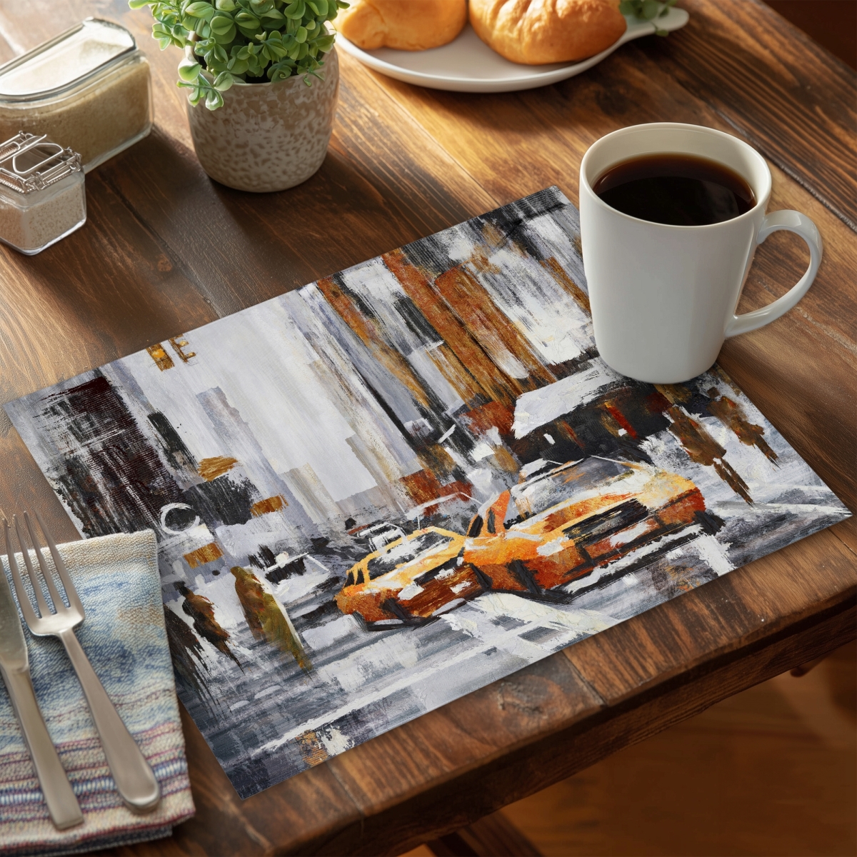 Picture of Begin Home Decor C4PP1418ISC243 14 x 18 in. Abstract Citystreet Yellow Taxis Polyester Placemat - Home Decor - Set of 4