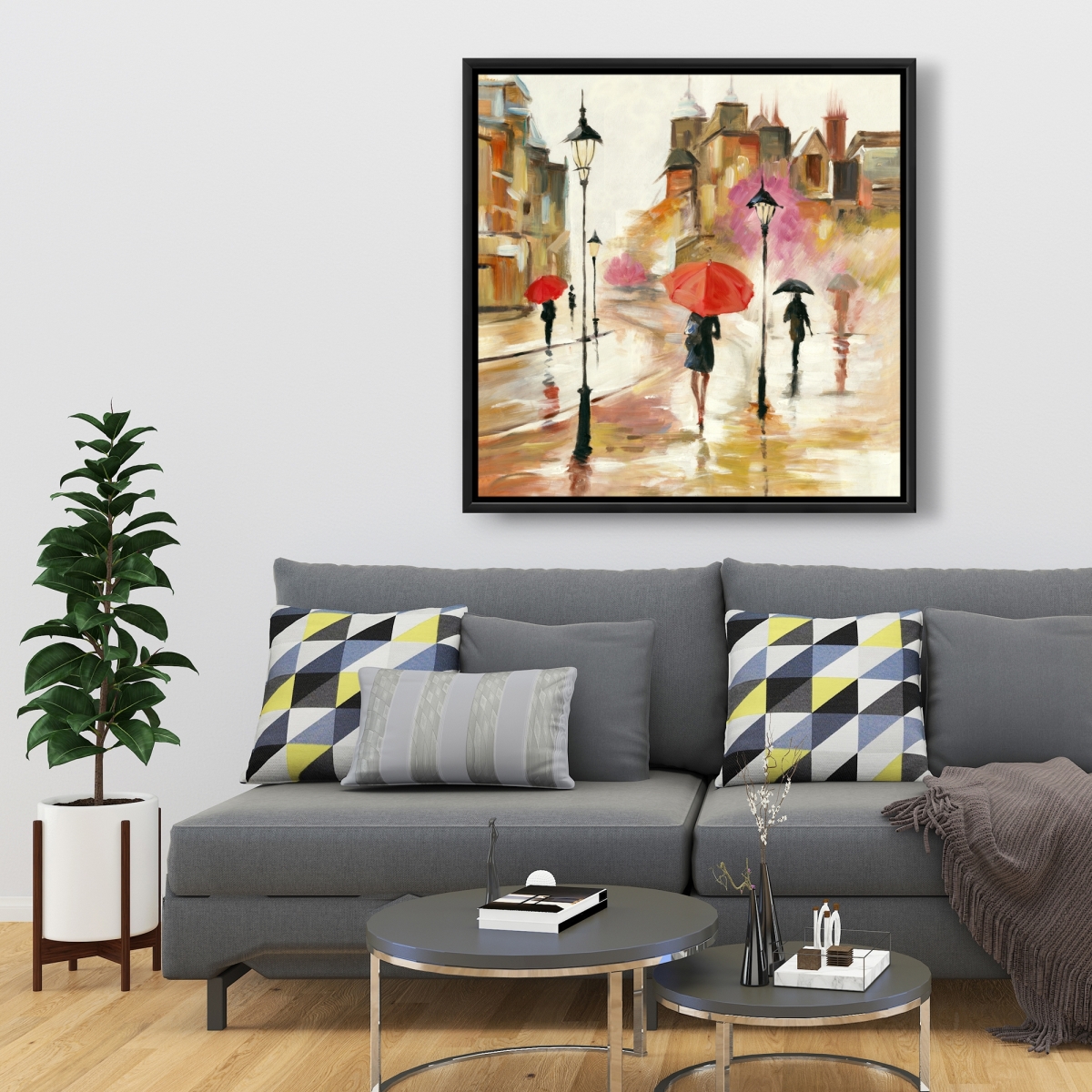 C1FC36363SFFS6 36 x 36 in. Passersby Under Their Umbrellas - Contemporary Man Canvas Art
