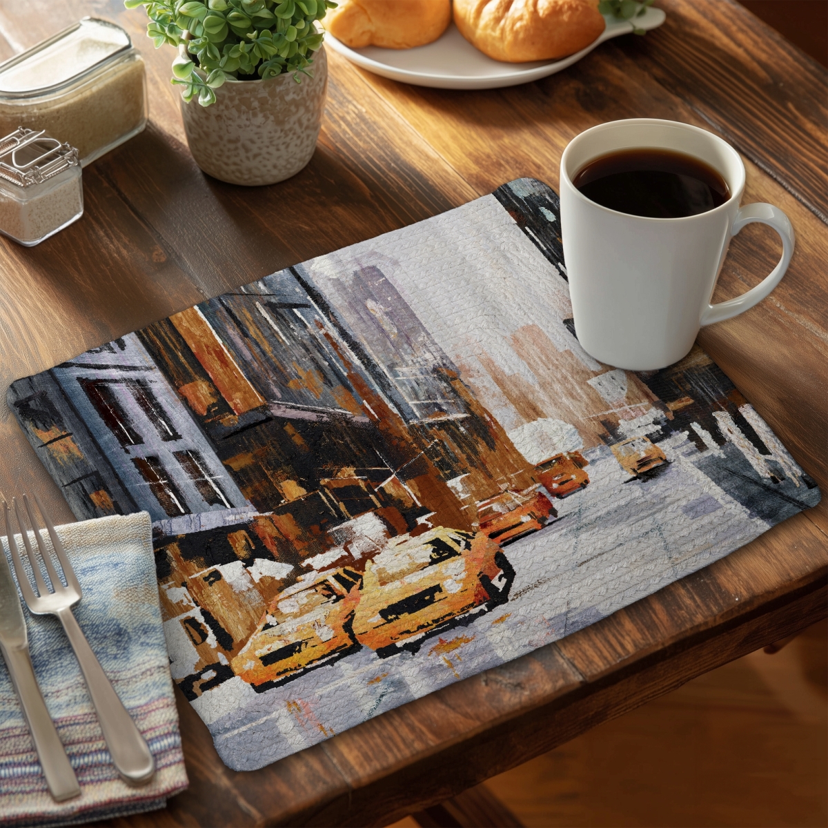 Picture of Begin Home Decor C4BP1418UOZ5CZ 14 x 18 in. Big City Street Yellow Taxi Braided Polyester Placemat - Home Decor - Set of 4