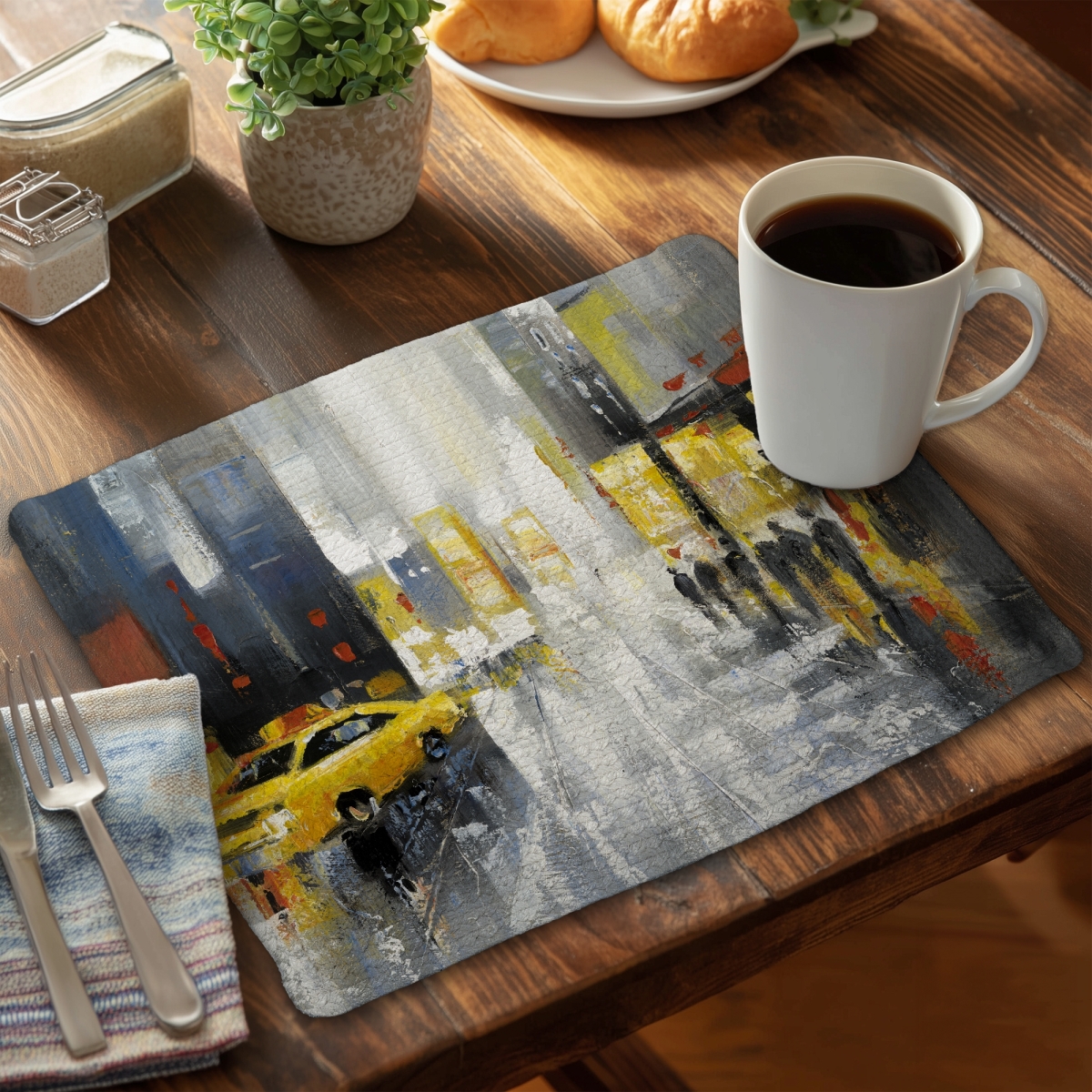 Picture of Begin Home Decor C4BP14182ELTZ3 14 x 18 in. Rainy Busy Street Braided Polyester Placemat - Home Decor - Set of 4