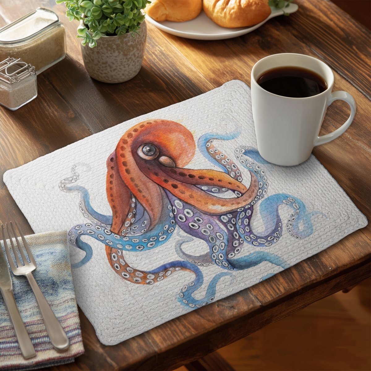 Picture of Begin Home Decor C6BP1418TSIXUC 14 x 18 in. Funny Colorful Octopus Braided Polyester Placemat - Home Decor - Set of 6