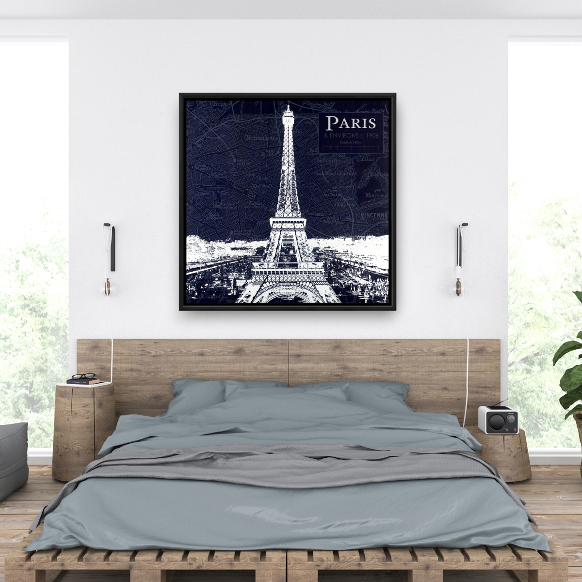 C1FC36362P1SR7 36 x 36 in. Paris Blue Print & Eiffel Tower - Framed Canvas Art
