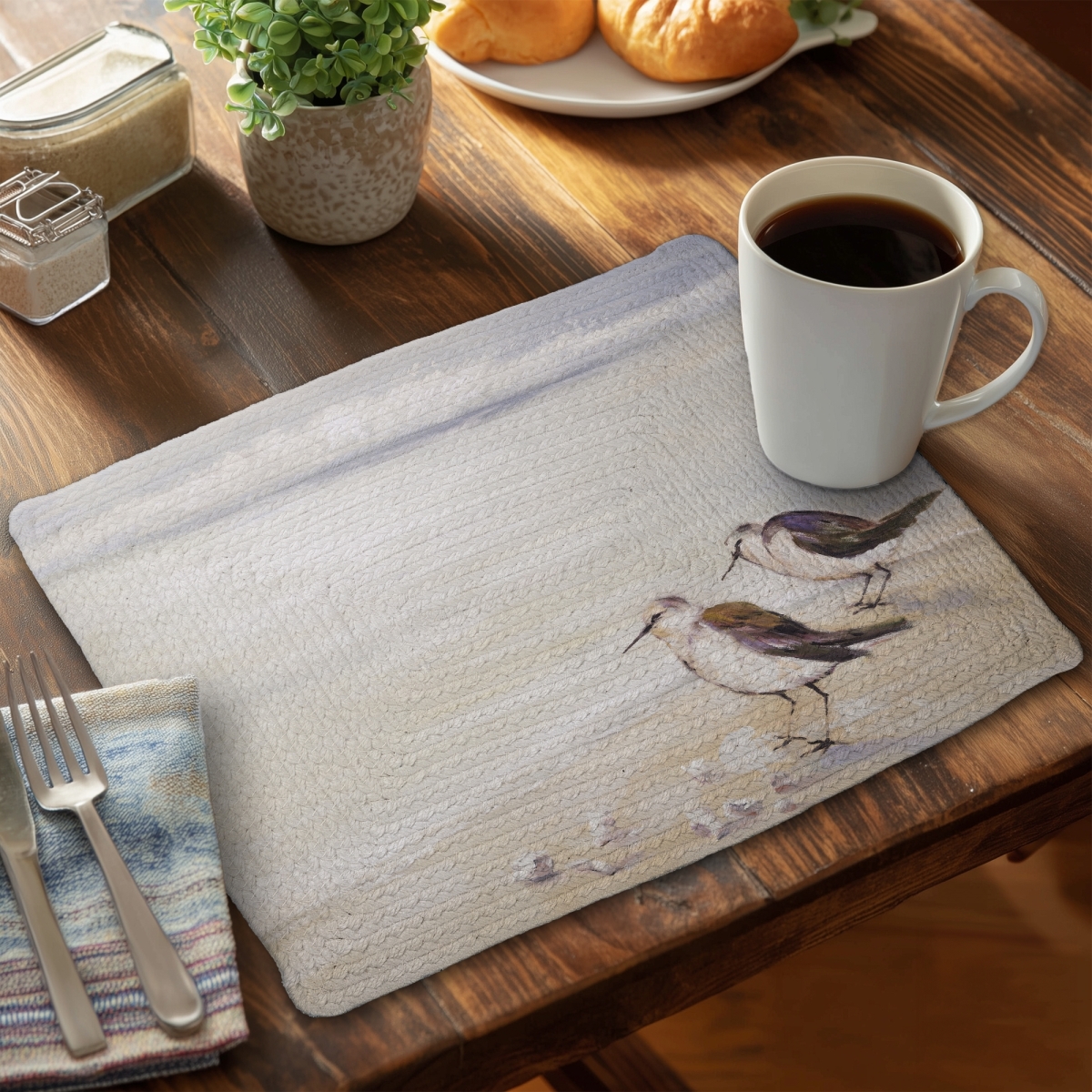 Picture of Begin Home Decor C6BP1418TO0KWI 14 x 18 in. Two Sandpipers on the Beach - Braided Polyester Placemat - Set of 6