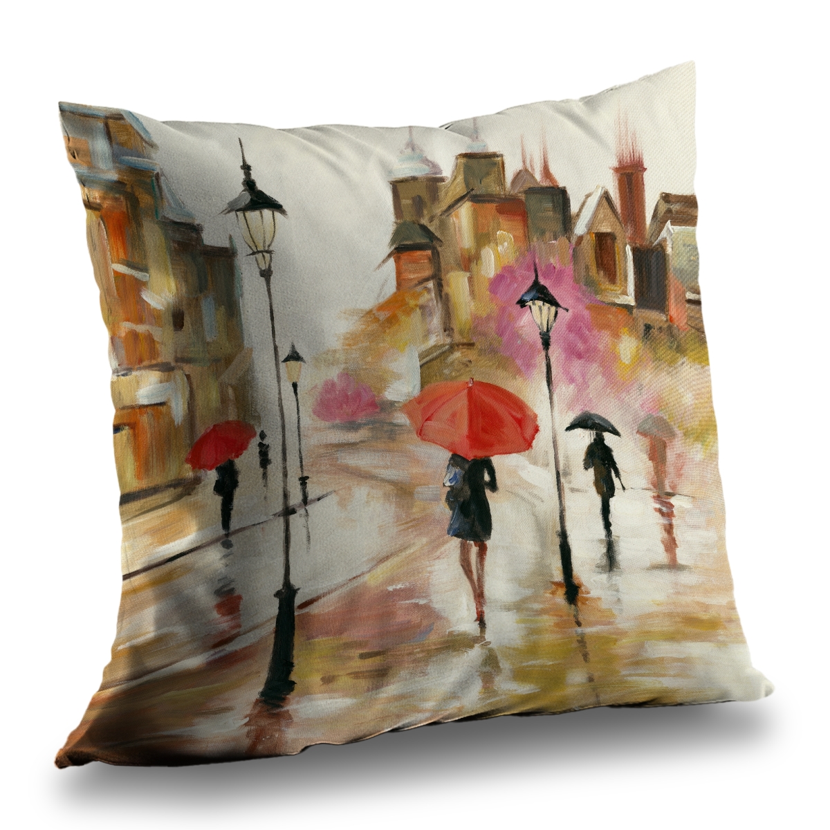 C1PC1414F0BF8G 14 x 14 in. Passersby Under Their Umbrellas - Romantic Beige Throw - Home Decor