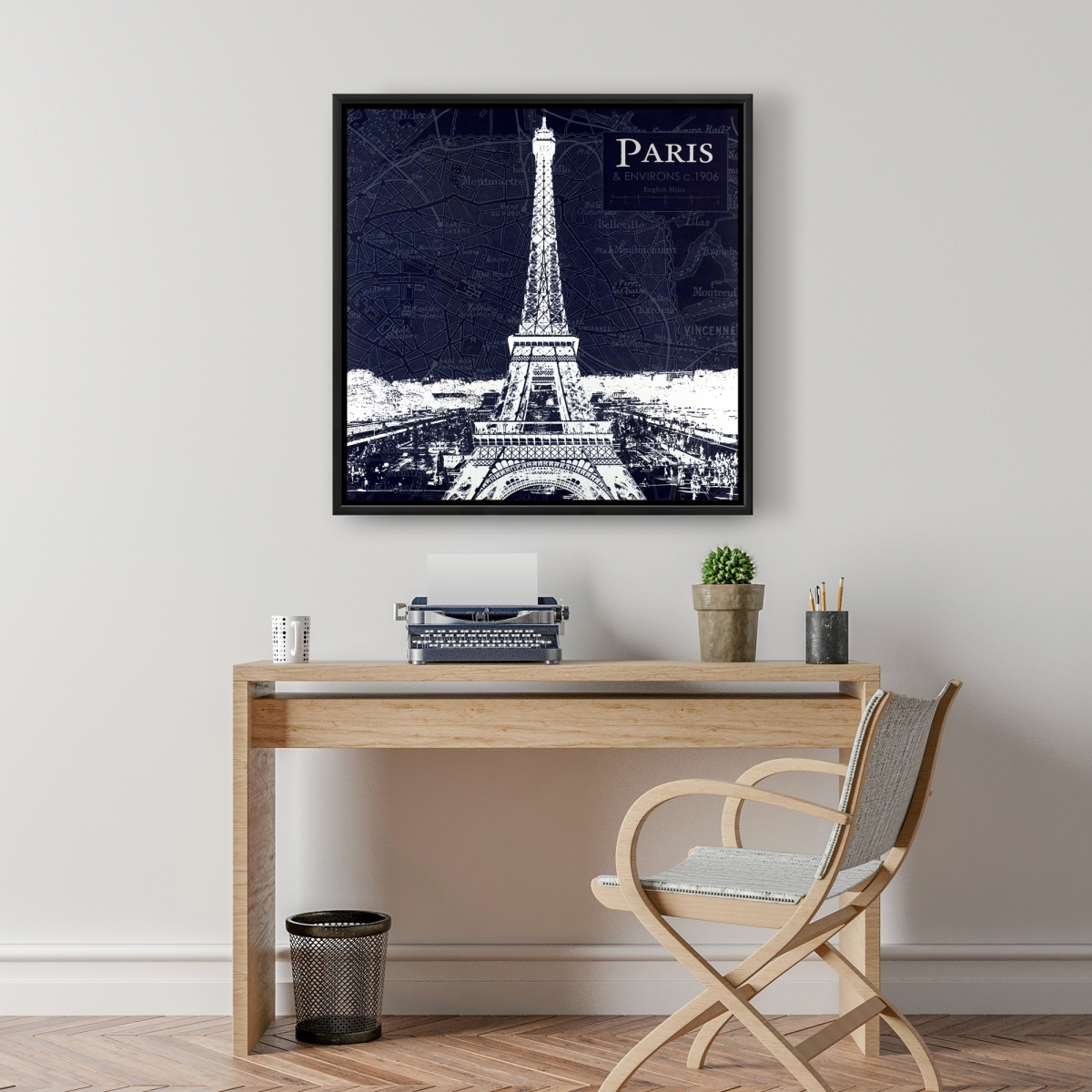 C1FC24248JO89H 24 x 24 in. Paris Blue Print & Eiffel Tower - Framed Canvas Bedroom Decor