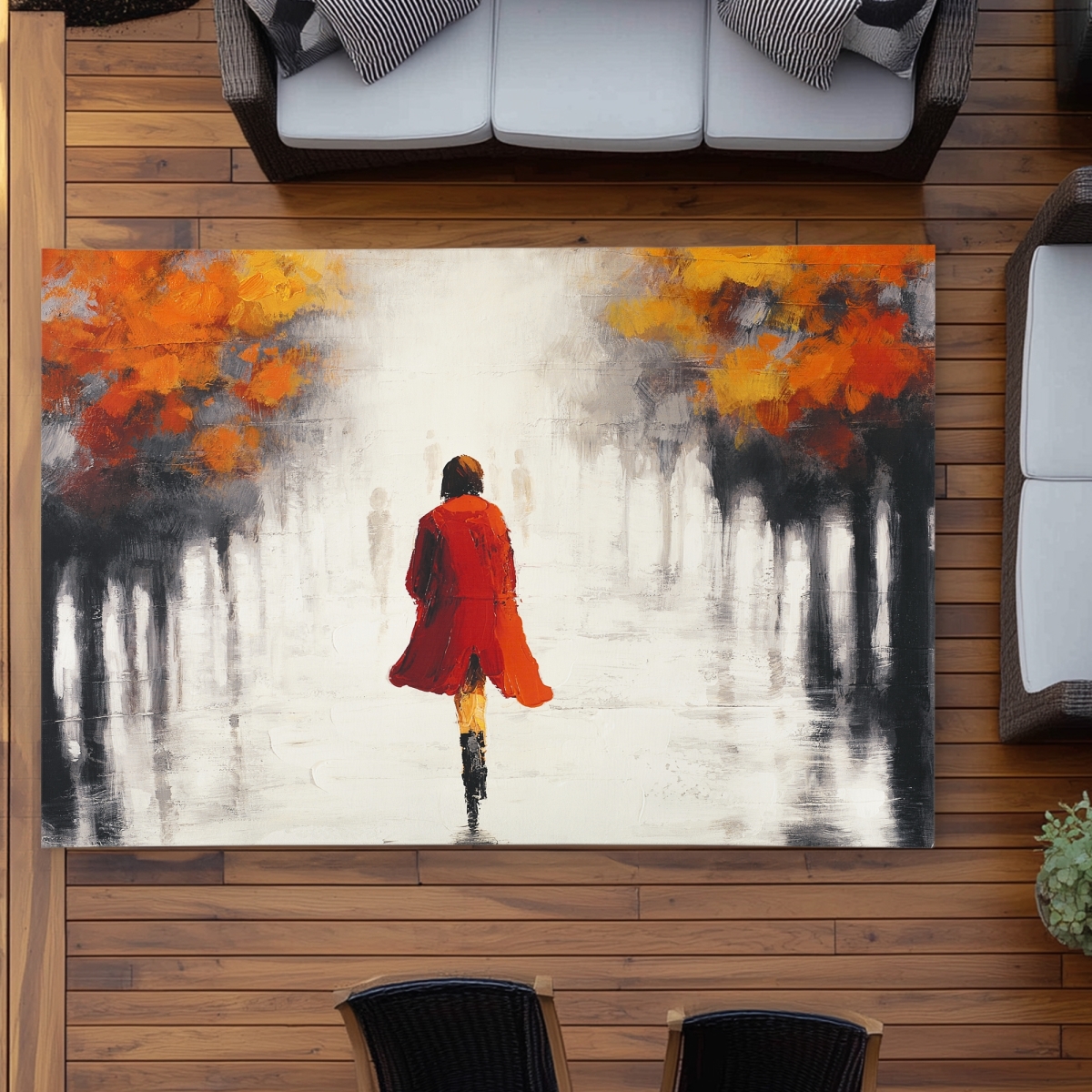 C1ROAR57HK5LAG 5 x 7 ft. Woman with a Red Coat By Fall - Trees Contemporary Outdoor Rug - Rectangle