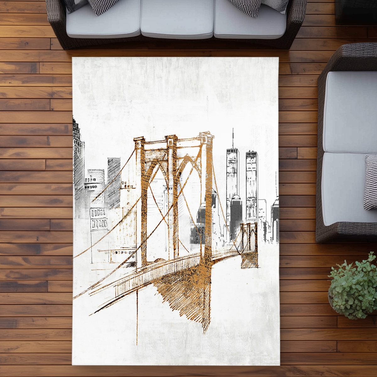 C1ROAR57YJJA7P 5 x 7 ft. Brooklyn Bridge Blurry Sketch Yellow Outdoor Area Rug - Decor - Rectangle
