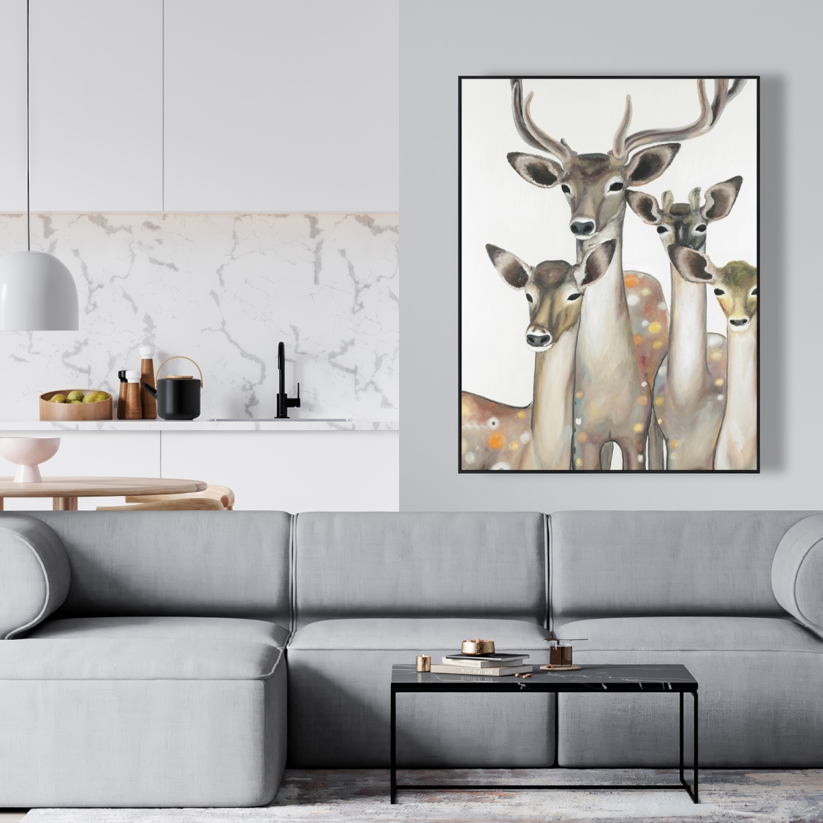 C1FC3648ONN0QH 36 x 48 in. Group of Abstract Deers - Beige Wildlife Framed Canvas Art