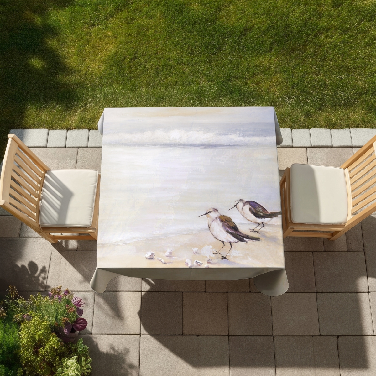 Picture of Begin Home Decor C1TC5858LG7FZ9 58 x 58 in. Two Sandpipers on the Beach Tablecloth - Bird Decor Indoor Outdoor