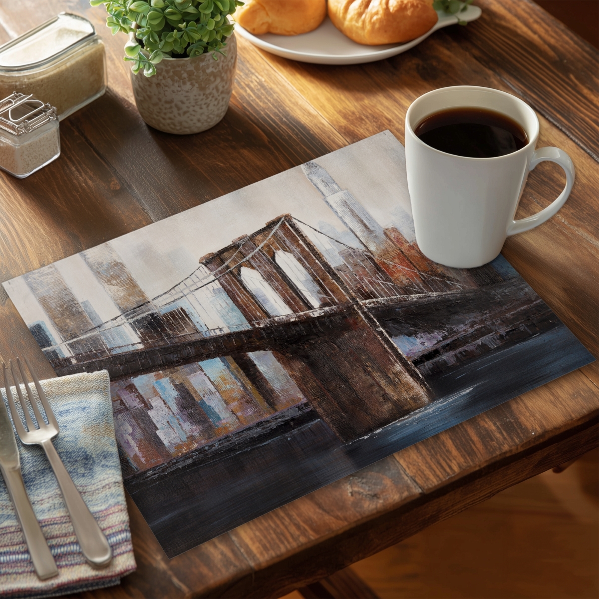 Picture of Begin Home Decor C6PP1418RE7D8G 14 x 18 in. Urban Brooklyn Bridge Polyester Placemat - Home Decor Accent - Set of 6