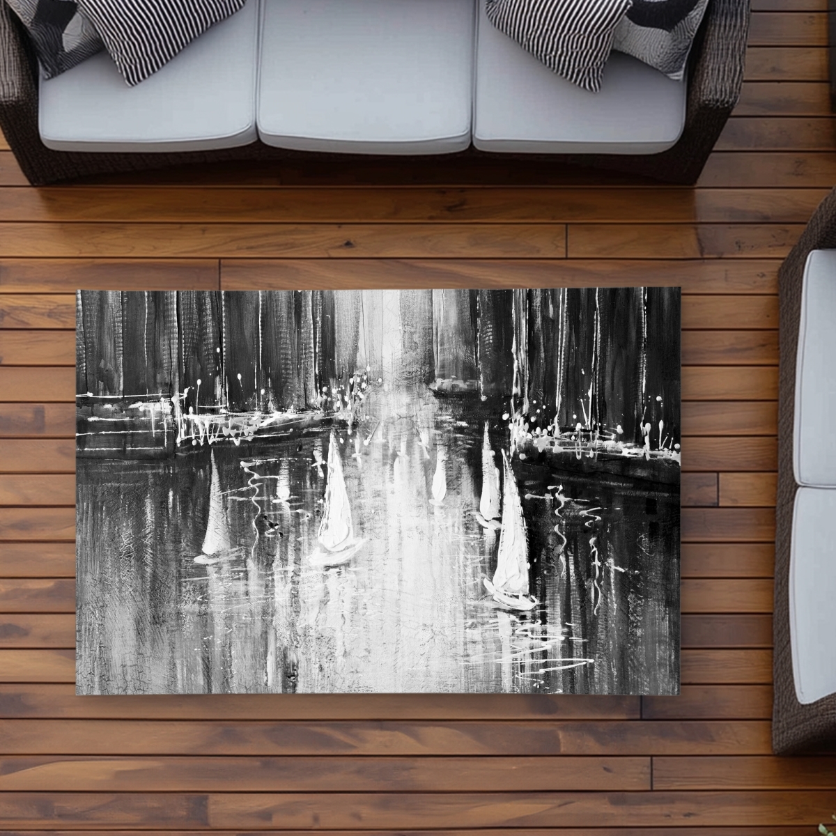 C1ROAR35BAUAXT 3 x 5 ft. Grayscale Boats on the Water - White Boat Outdoor Rug - Rectangle
