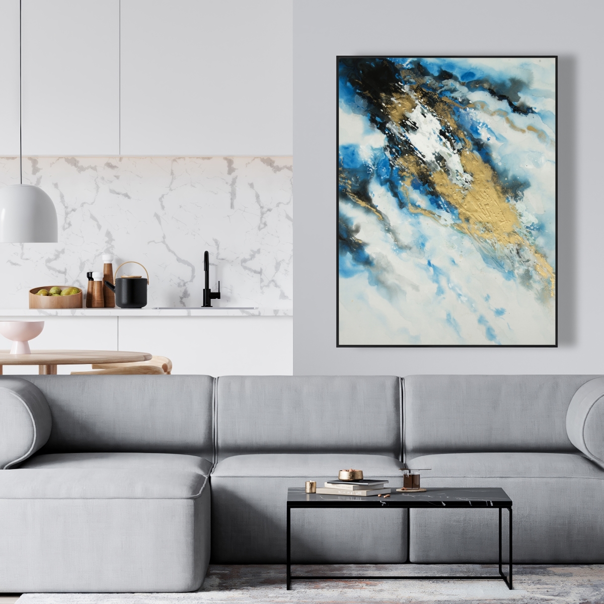 C1FC3648ELBWEB 36 x 48 in. Blue & Gold Marble - Minerals Abstract Canvas Art for Home Decor