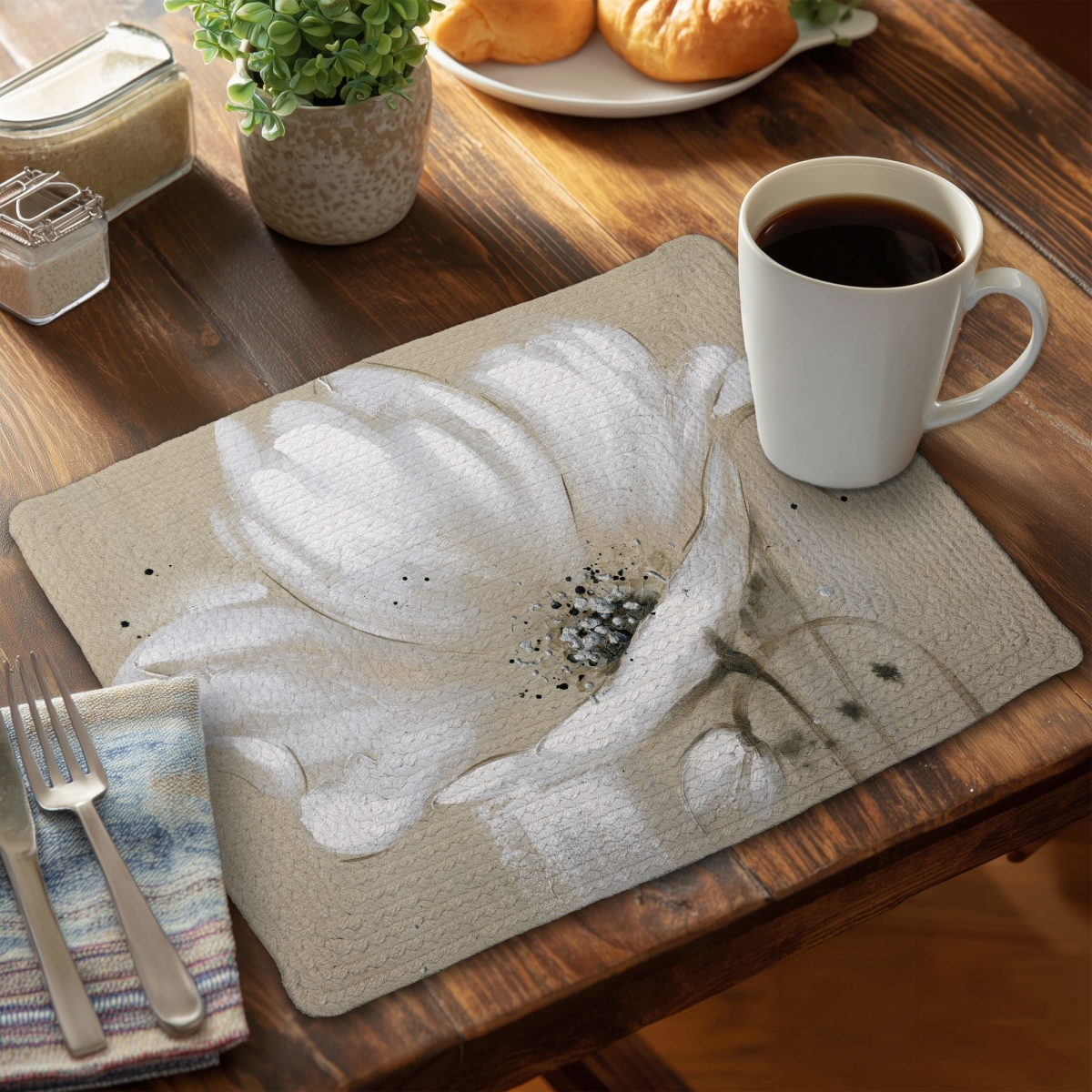 Picture of Begin Home Decor C6BP1418SUBYFW 14 x 18 in. White Abstract Wild Flower Braided Polyester Placemat - Home Decor - Set of 6