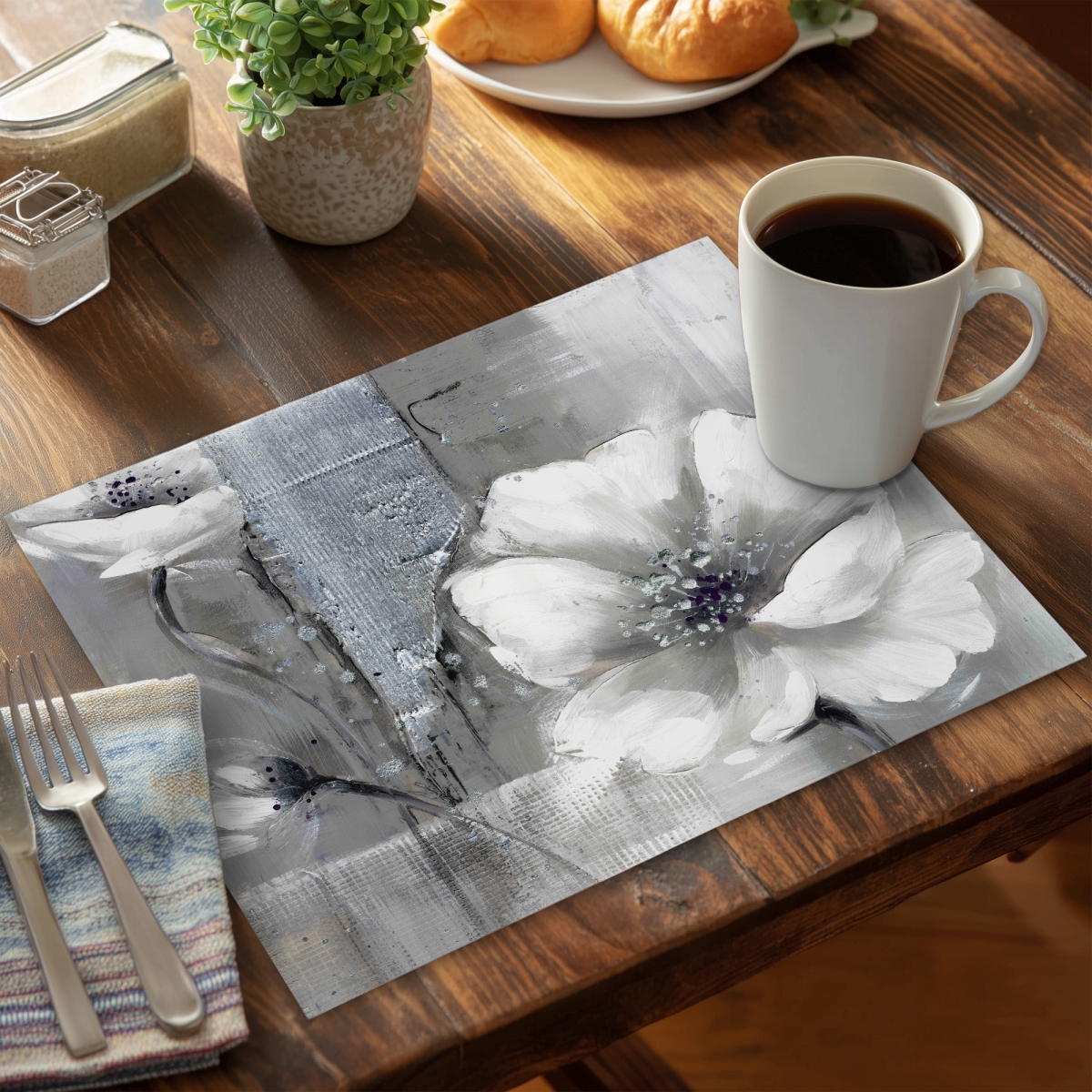 Picture of Begin Home Decor C6PP14180T3SXA 14 x 18 in. Monochrome & Silver Flowers Polyester Placemats - Home Decor - Set of 6