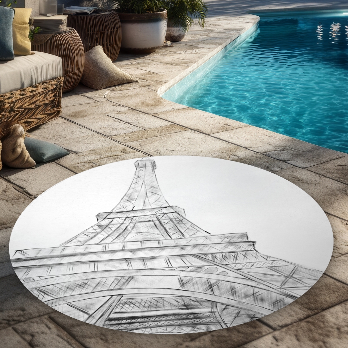 C1COAR55UTTYXU 5 x 5 ft. Eiffel Tower Sketch Black & White Rug - Illustrative Bedroom Decor - Round