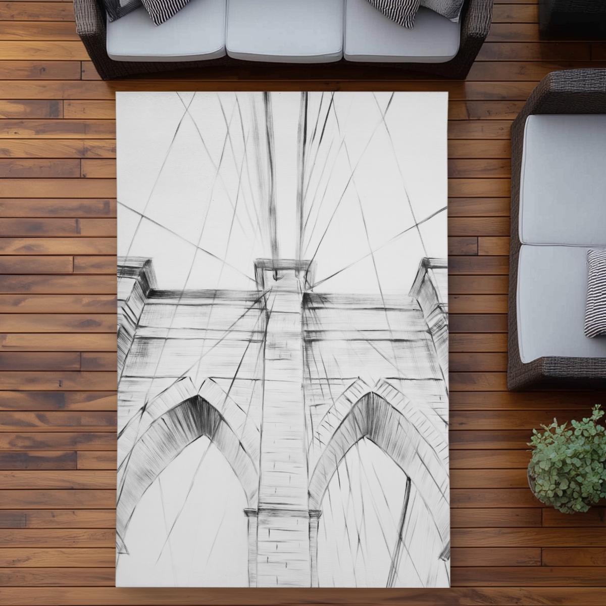 C1ROAR57MNLZ61 5 x 7 ft. Brooklyn Bridge Sketch - Gray Outdoor Area Rug for Home Decor - Rectangle