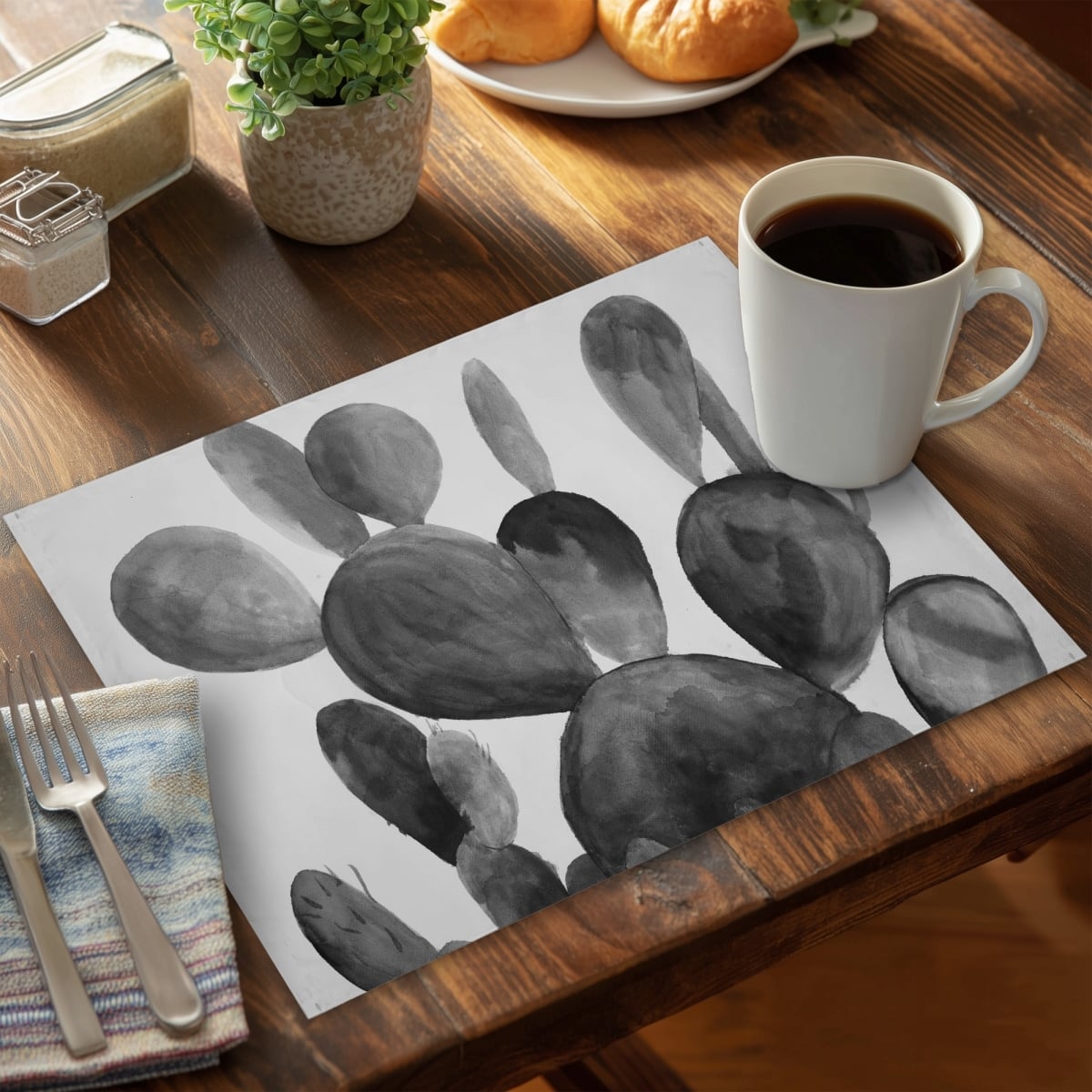 Picture of Begin Home Decor C6PP1418ZPP123 14 x 18 in. Grayscale Paddle Cactus Plant Polyester Placemat - Home Decor - Set of 6