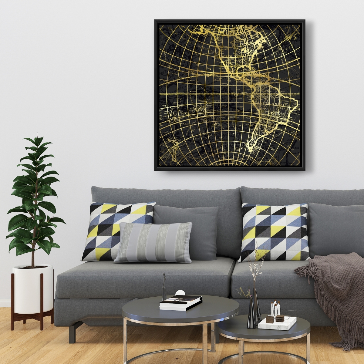 C1FC36367W3P5A 36 x 36 in. Black & Marine World Map Globe - Blue Framed Canvas Decor