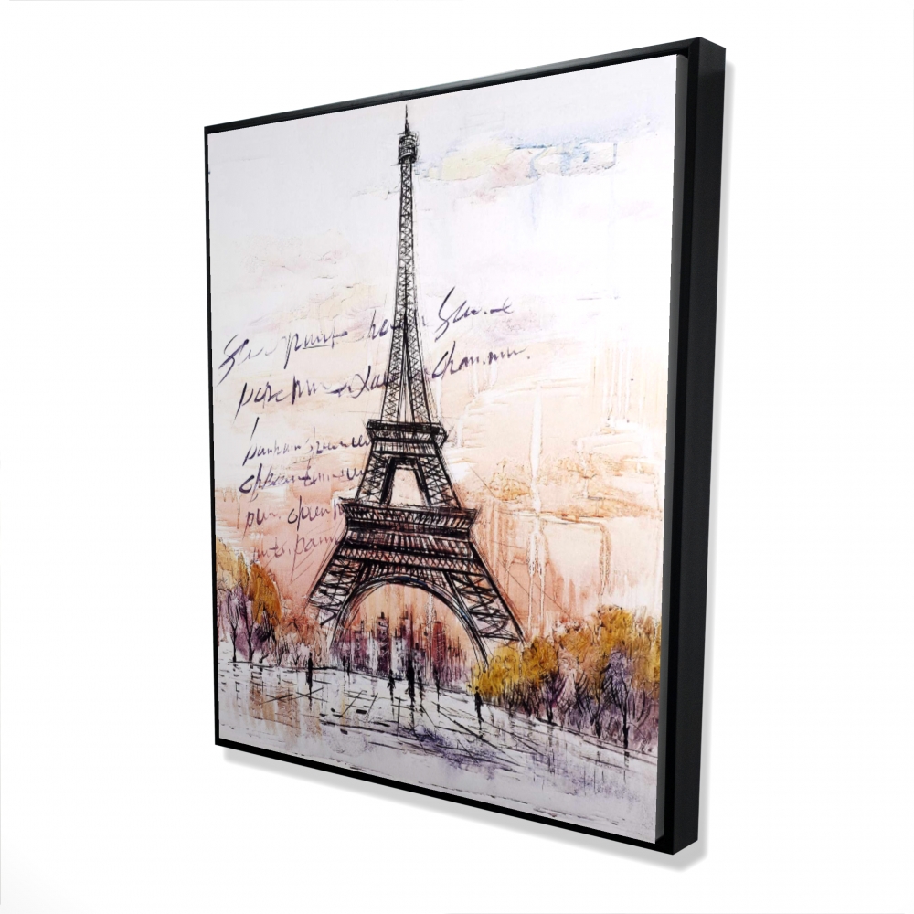 2081-6048-CI121 48 x 60 in. Eiffel Tower Sketch - Handwritten Message - Gray Framed Canvas