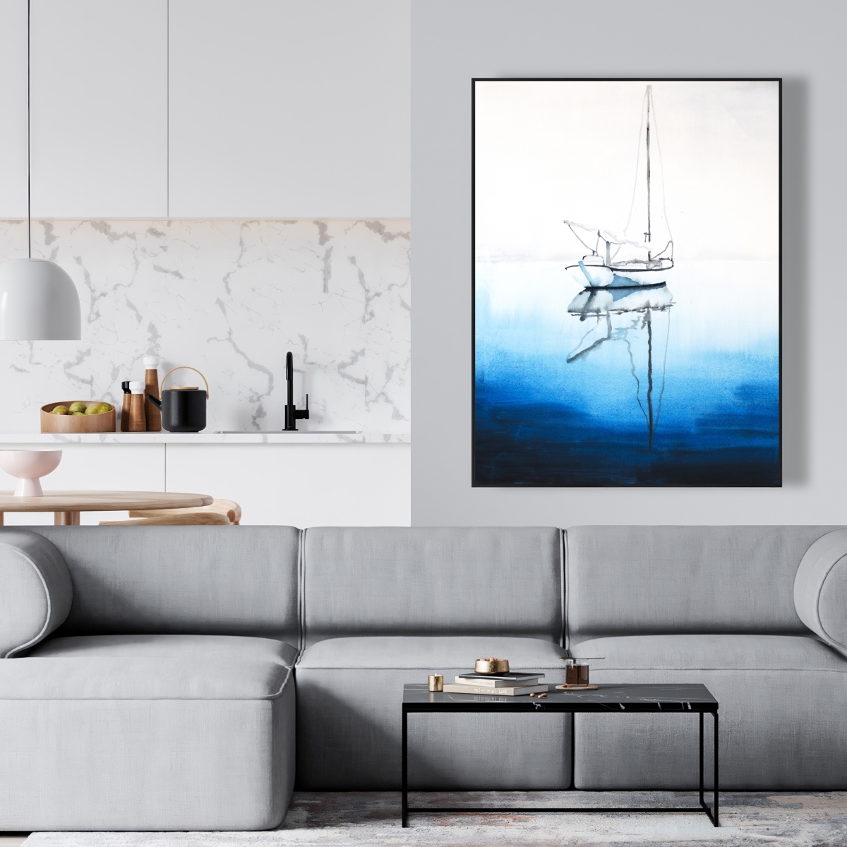 C1FC3648FONVDC 36 x 48 in. White Boat on Deep Blue Water - Boat Blue Framed Canvas Decor