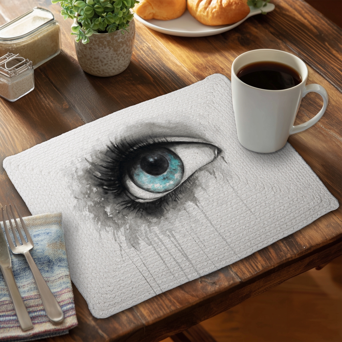 Picture of Begin Home Decor C6BP14184WWISW 14 x 18 in. Blue Eye in Watercolor - Braided Polyester Placemat - Home Decor - Set of 6