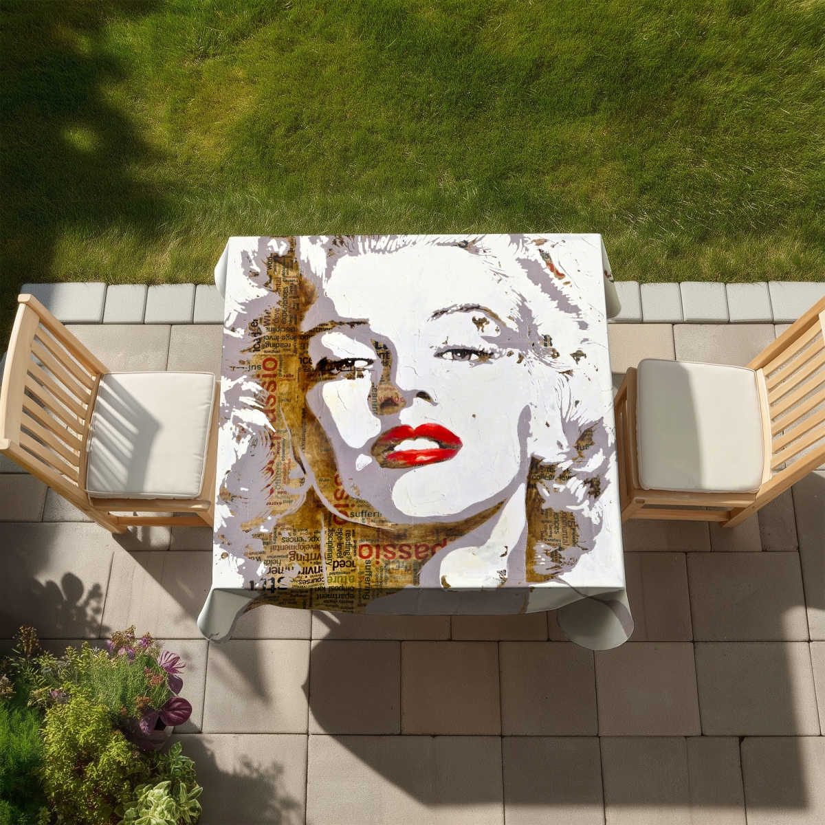 Picture of Begin Home Decor C1TC5858A13W9S 58 x 58 in. Marilyn Monroe Typography Tablecloth - Beauty Romantic Decor
