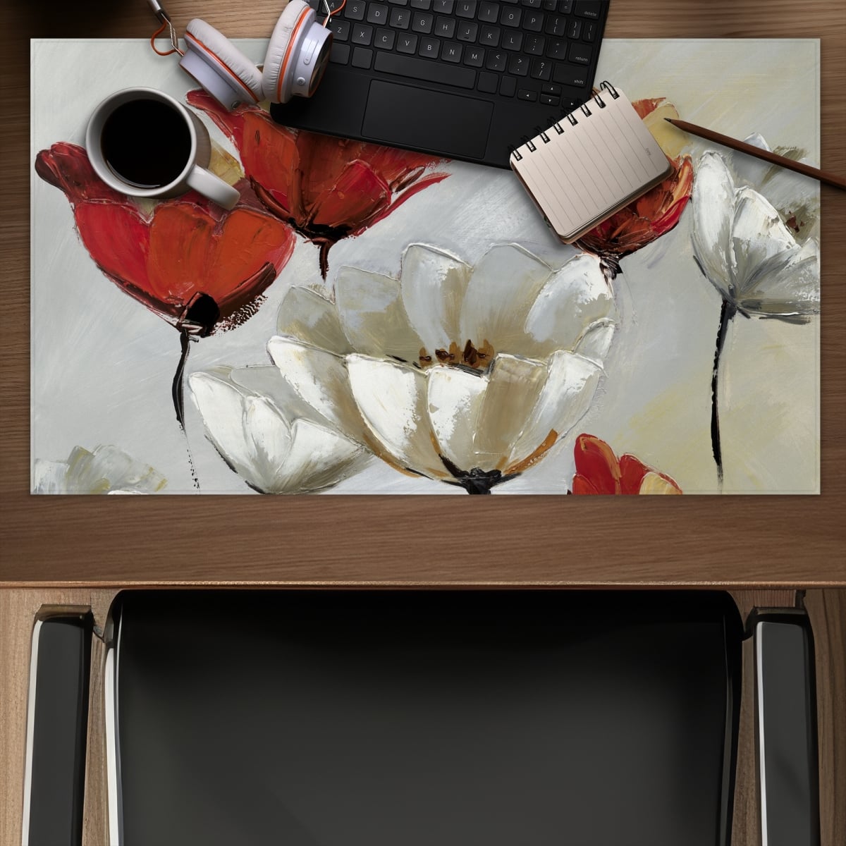 C1DM1424V7SBSH 14 x 24 in. Abstract Red & White Flowers - Modern Beige Gaming Mat