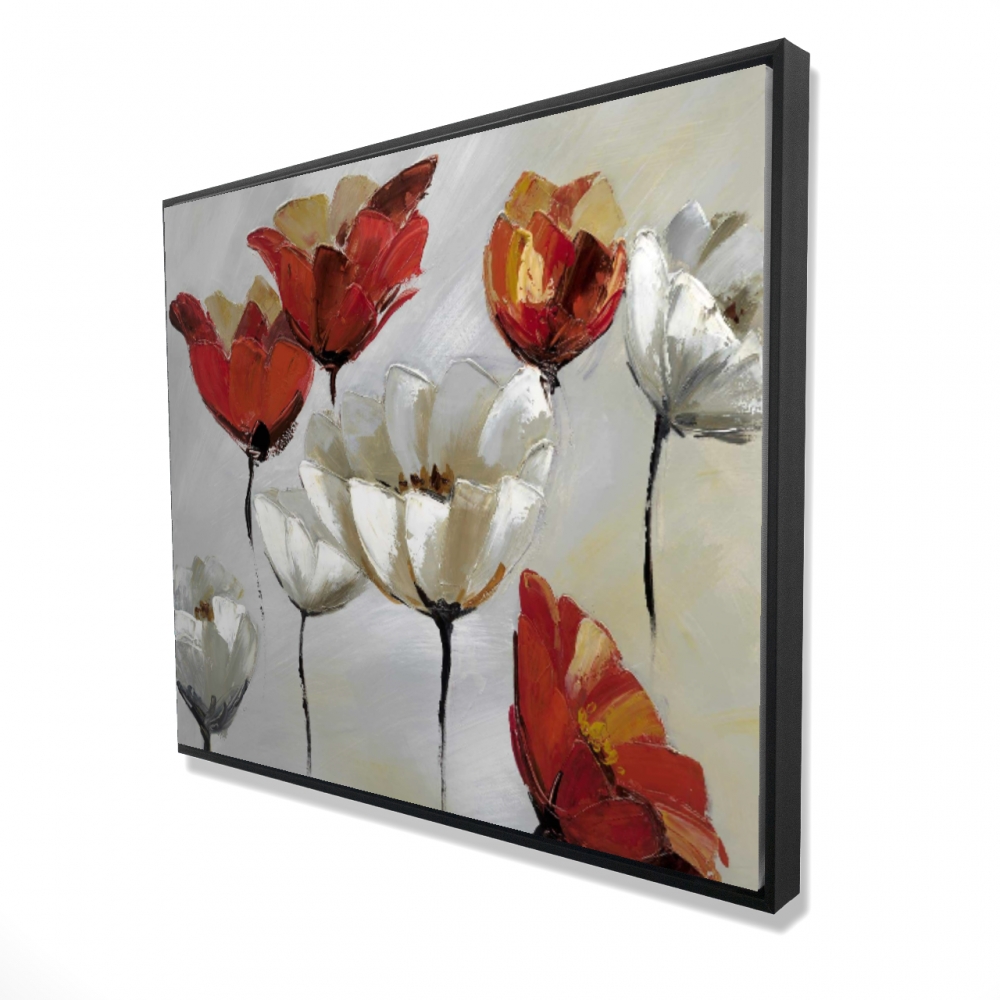 2081-4860-FL3 48 x 60 in. Abstract Red & White Flowers - Beige Romantic Framed Canvas