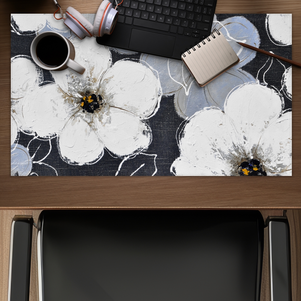 C1DM1424HG9F3O 14 x 24 in. White Flowers with Leaves Outlines - Office Gray Gaming Mat