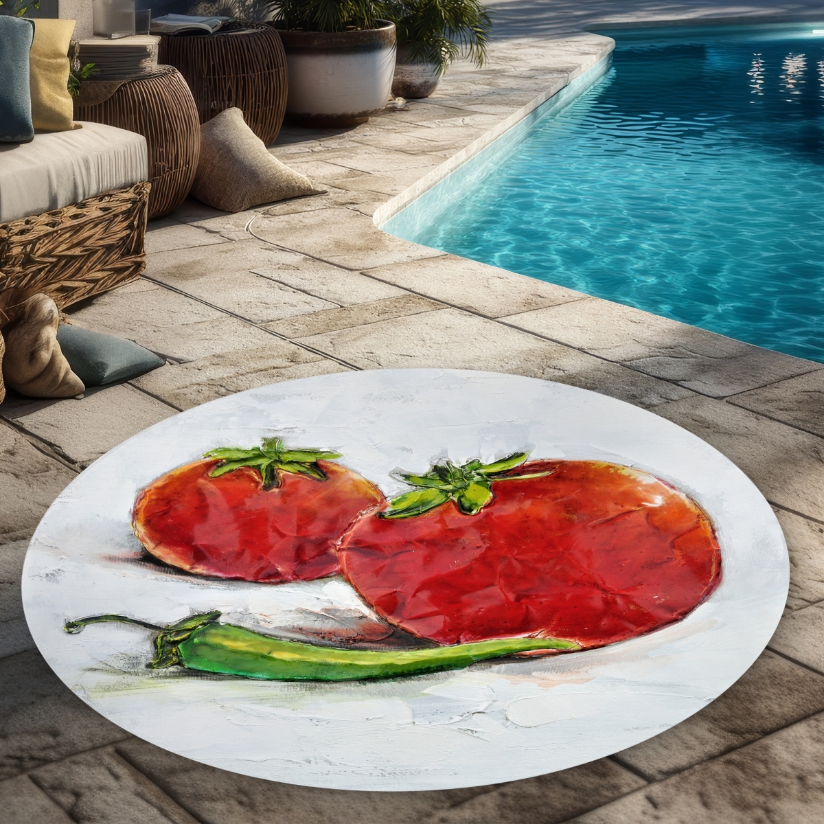C1COAR55J79P4B 5 x 5 ft. Tomatoes with Jalapeno - Still Life Green Outdoor Area Rug - Round