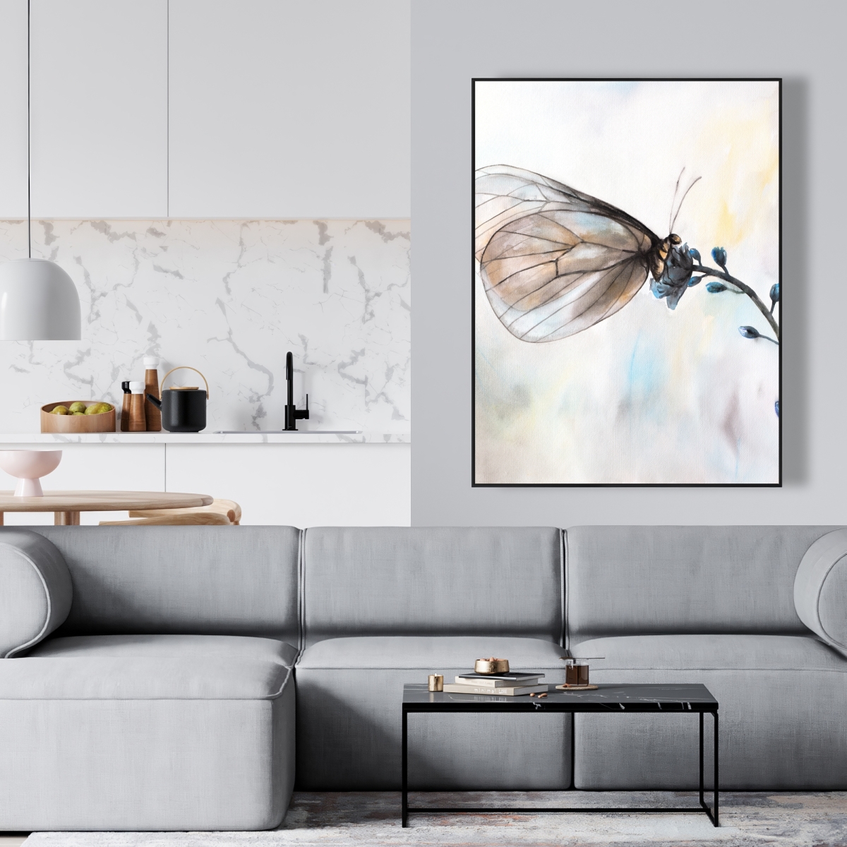 C1FC36480JUHWL 36 x 48 in. Butterfly on Blue Flowers - Framed Canvas Home Decor