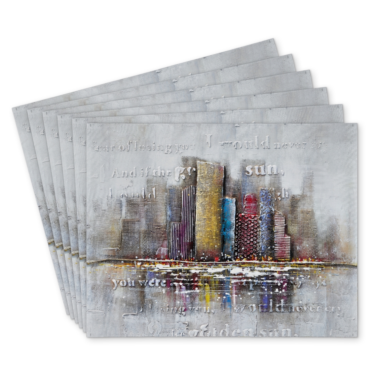 Picture of Begin Home Decor C6PP1418DLJNHG 14 x 18 in. Buildings with Typography in Relief - Polyester Placemat - Home Decor - Set of 6