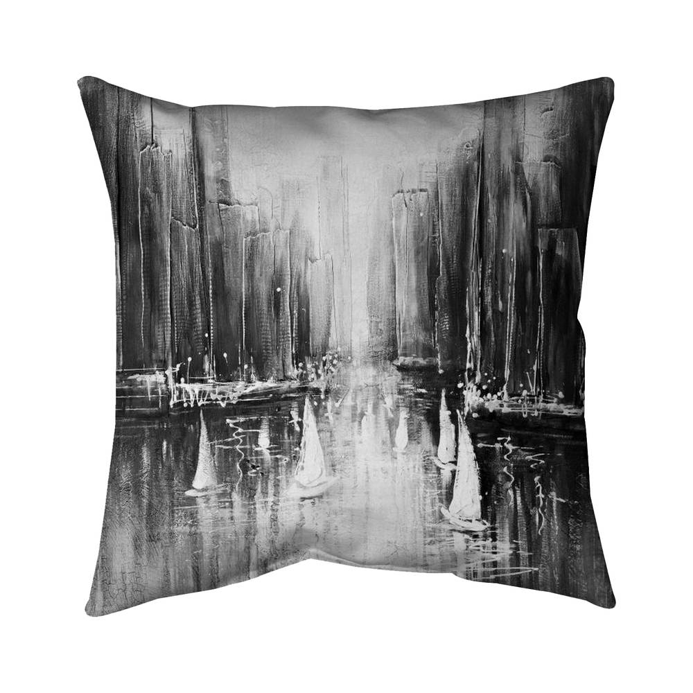 5542-2020-CO4 20 x 20 in. Grayscale Boats on the Water - Black Office Outdoor Pillow