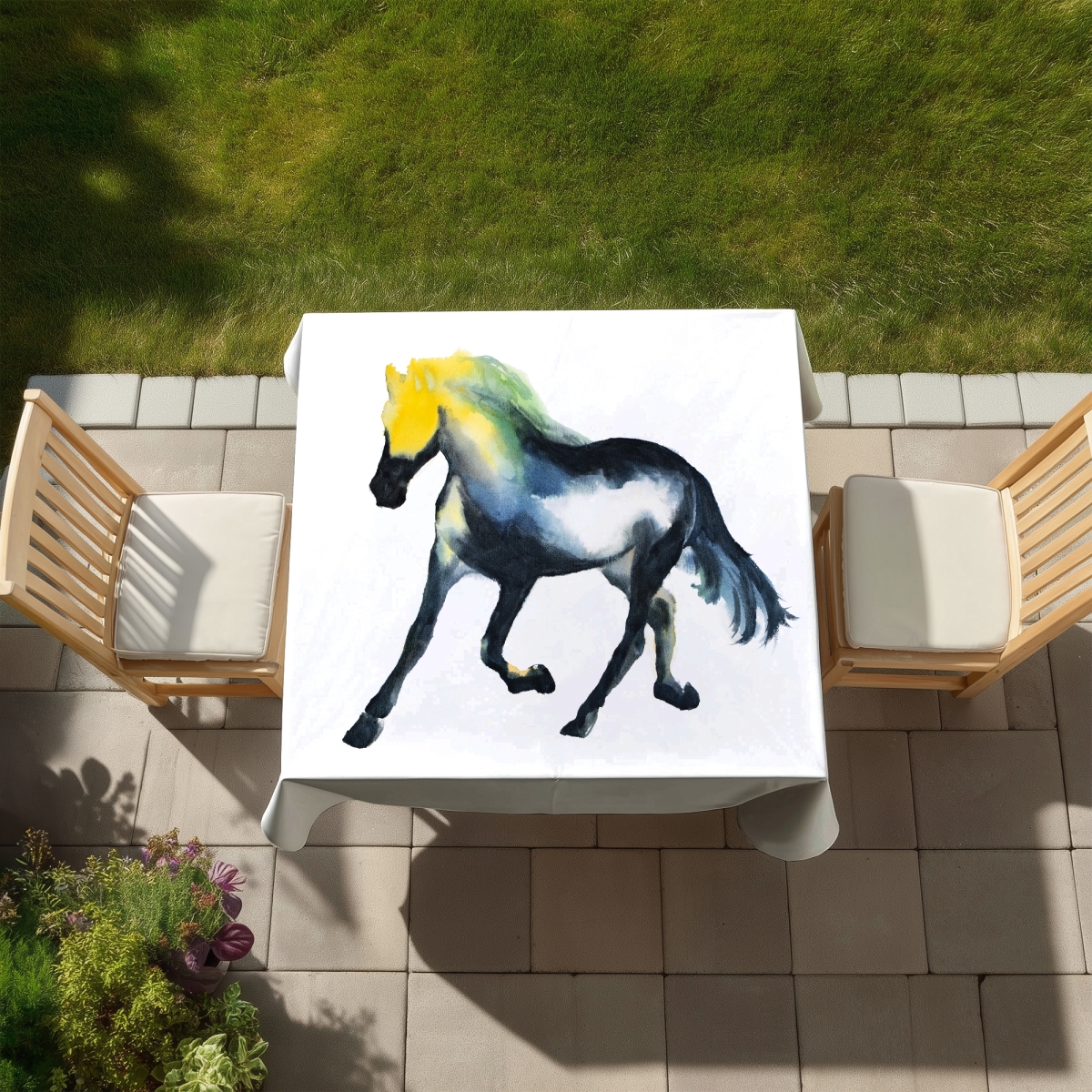 Picture of Begin Home Decor C1TC58584WEL1W 58 x 58 in. Galloping Horse Tablecloth - Blue Illustrative Home Decor