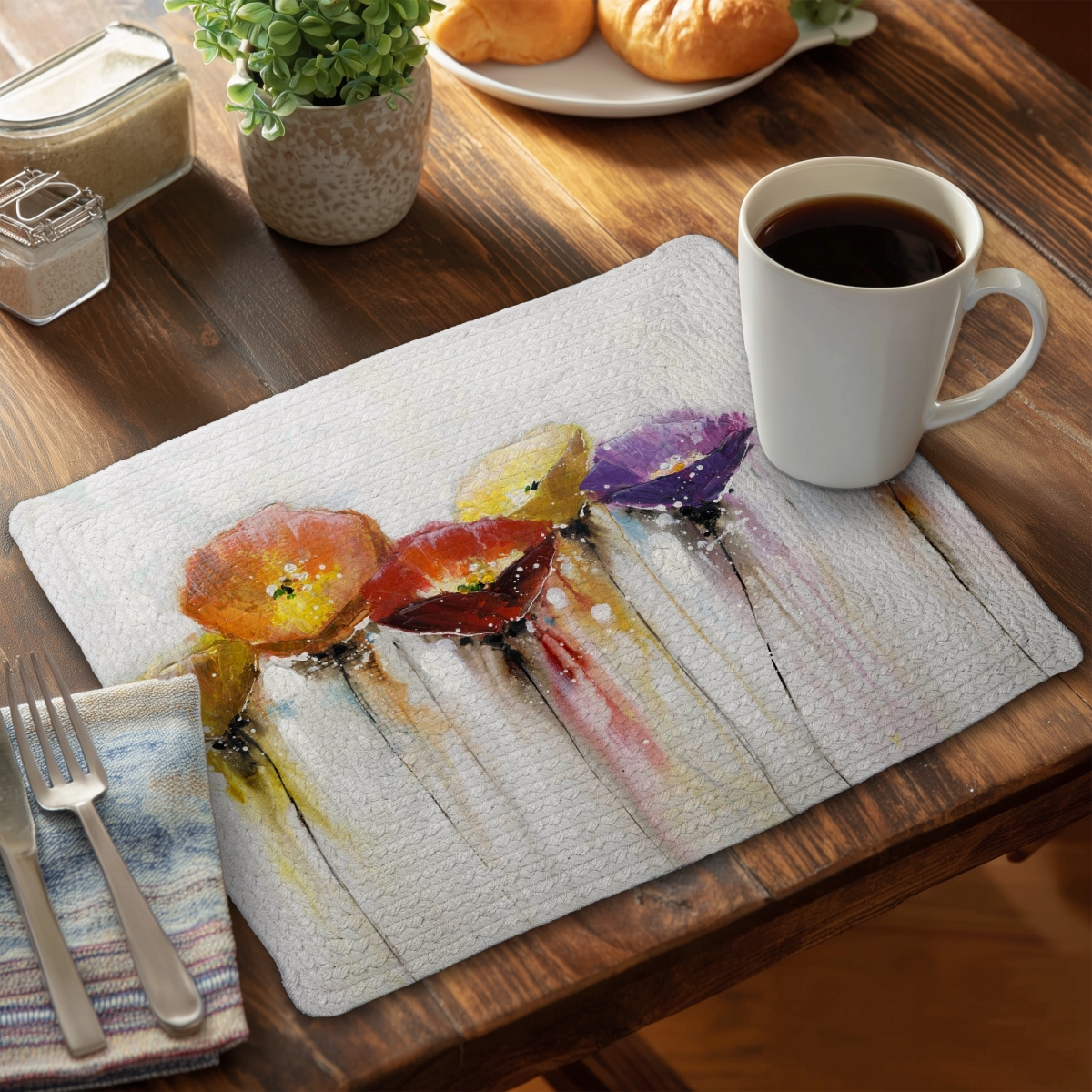 Picture of Begin Home Decor C6BP1418WZTMGB 14 x 18 in. Multiple Colorful Abstract Flowers Braided Polyester Placemat - Set of 6