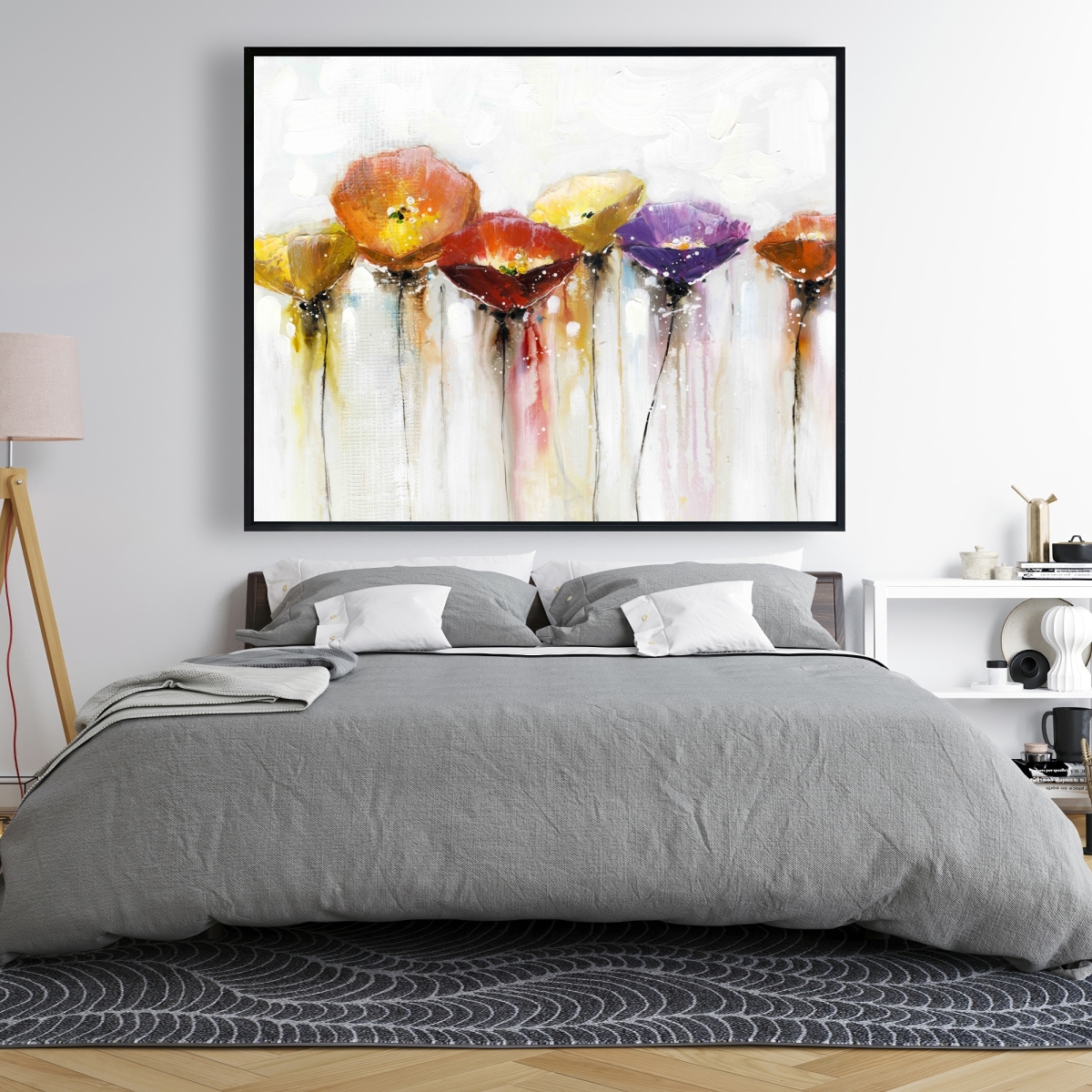 C1FC486026RSSB 48 x 60 in. Multiple Colorful Abstract Flowers - Red Framed Canvas Art