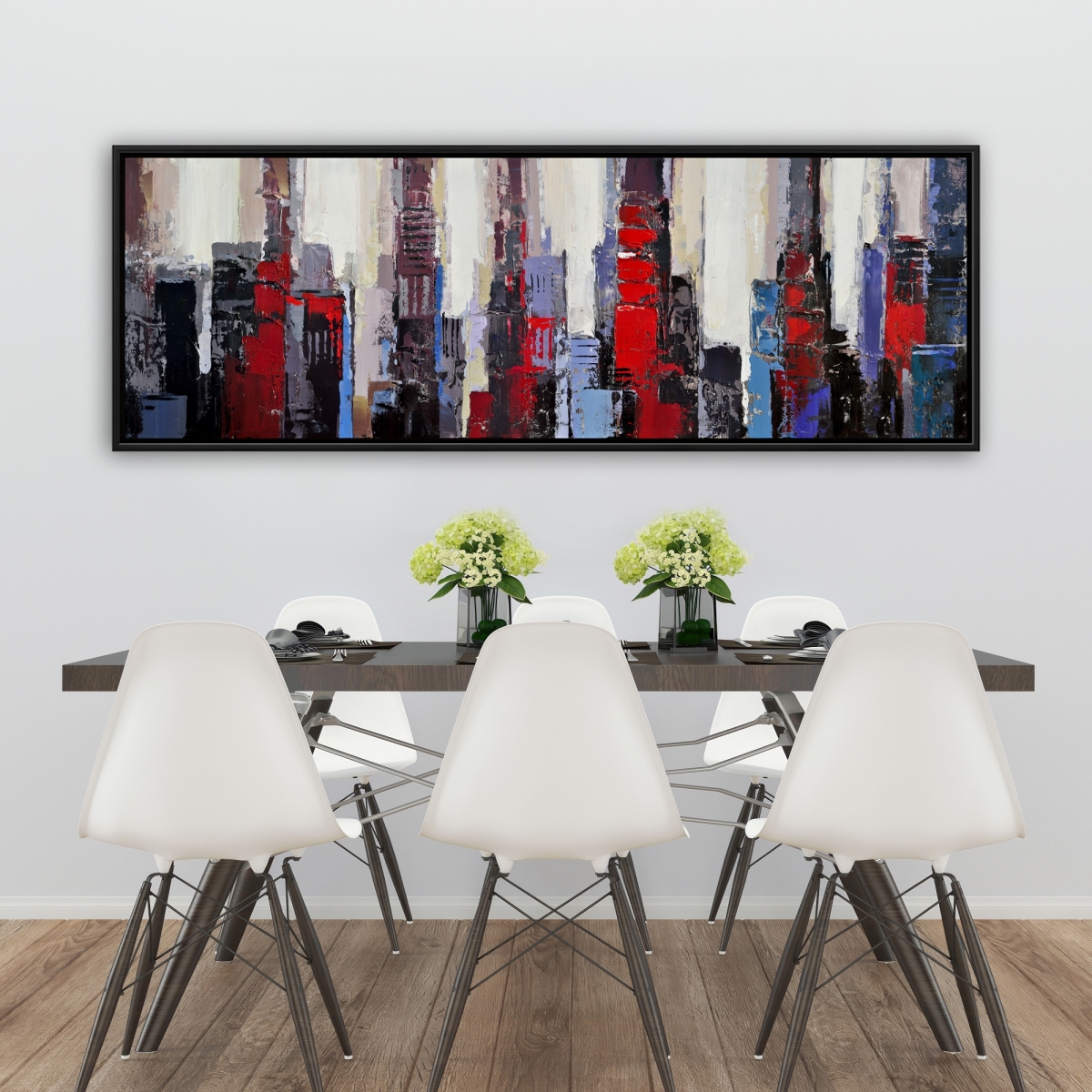 C1FC2060IJ0QED 20 x 60 in. Abstract Red & Blue Buildings - Modern Framed Canvas Art