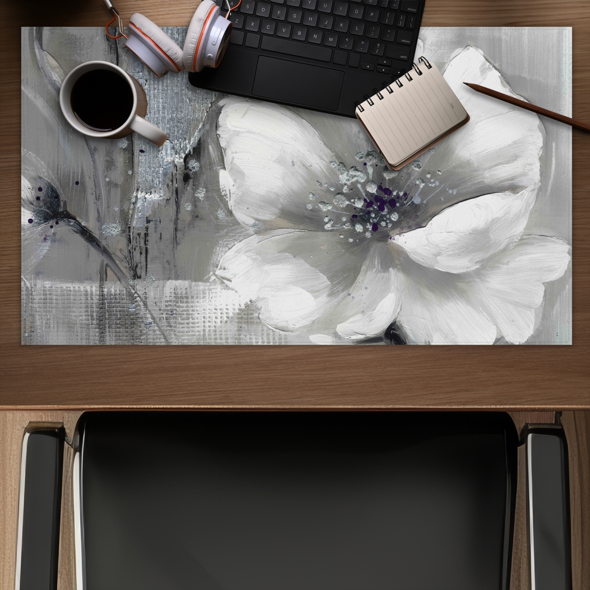 C1DM142488MMRC 14 x 24 in. Monochrome & Silver Flowers - Gray Livingroom Gaming Mat