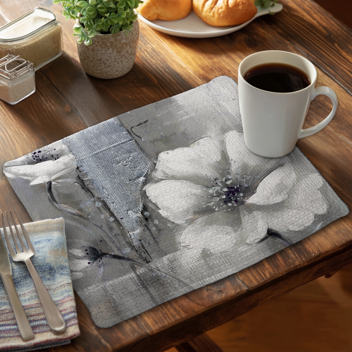 Picture of Begin Home Decor C6BP1418X1XQXI 14 x 18 in. Monochrome & Silver Flowers Braided Polyester Placemat - Home Decor - Set of 6
