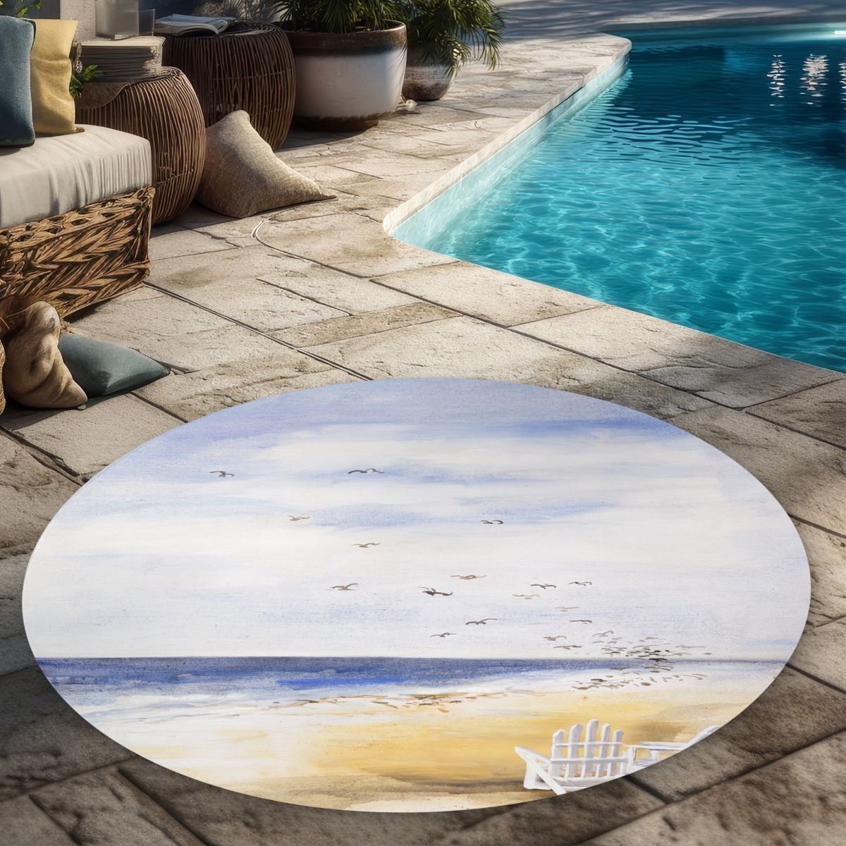 C1COAR55YI8LQ4 5 x 5 ft. Day At the Beach - Waves Bedroom Round Outdoor Area Rug