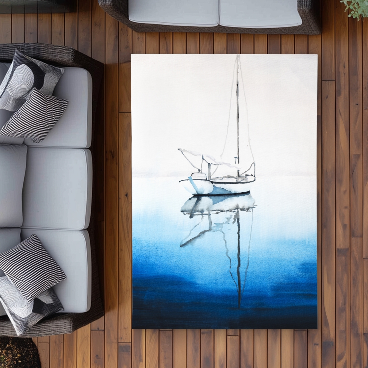 C1ROAR46D2LX8Z 4 x 6 ft. White Boat on Deep Blue Water Rug - Coastal Bathroom Decor - Rectangle